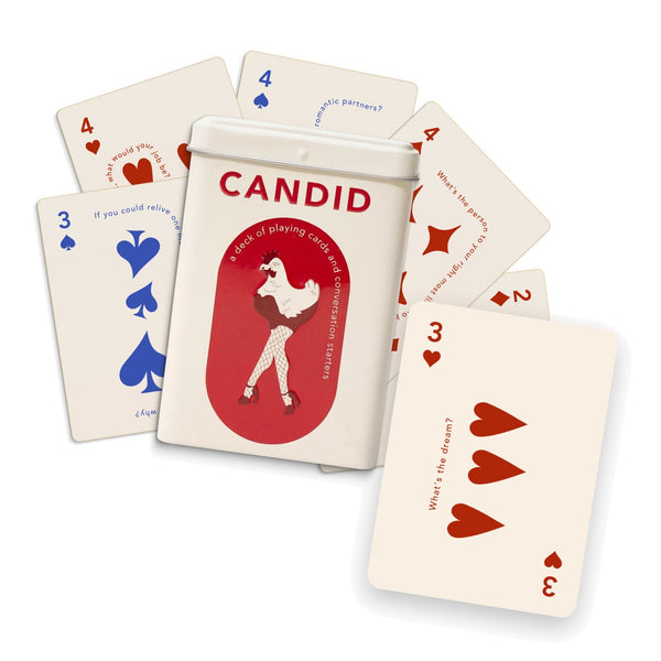 CANDID tin with fanned playing cards on white