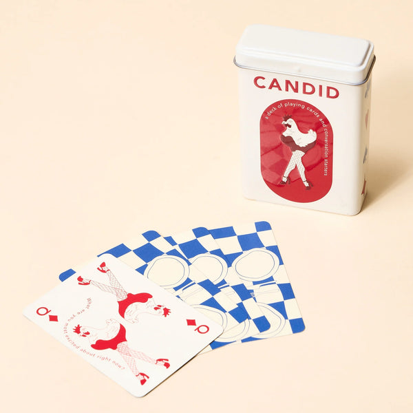 CANDID tin with blue checkered card backs and a card face